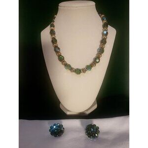 Bead necklace, Gold tone accents, Green, Ear rings, clip on, Iridescent,  signed